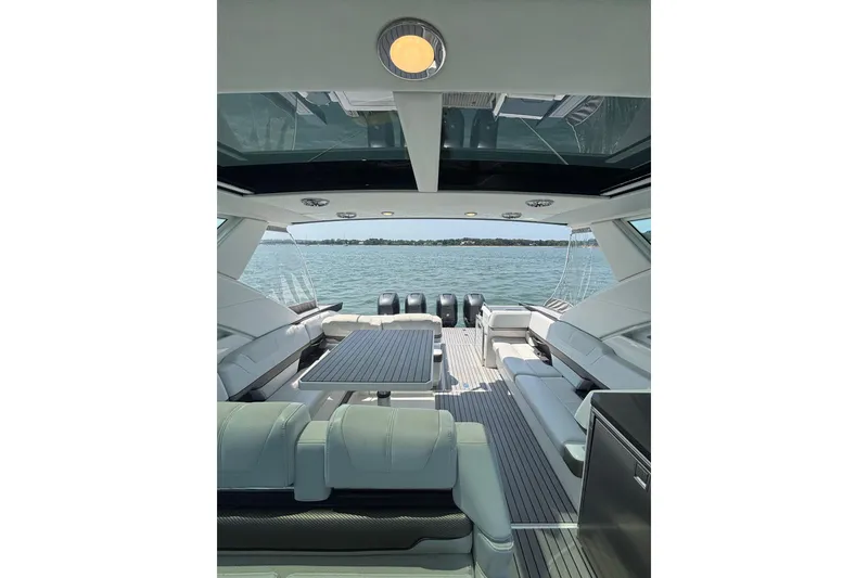 Slide: The Image of 2019 Formula 430 Super Sport Crossover interior with luxurious seating and scenic water view. - 29