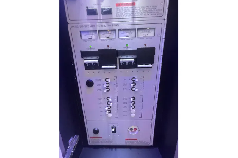 Slide: The Image of Electrical panel of 2019 Formula 430 Super Sport Crossover boat, featuring voltage meters and switches. - 73