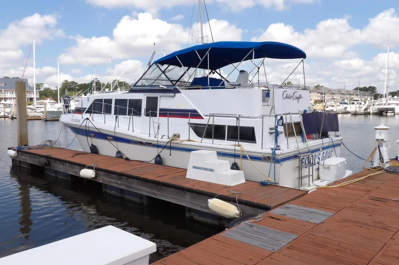 Slide: The Image of 1984 Chris-Craft 381 Catalina docked at marina under blue sky. - 5