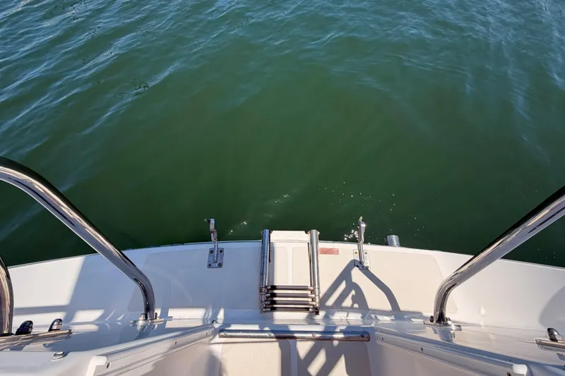 Slide: The Image of View from Saga 409 boat's deck, showing water and stainless steel railing, 2007 model. - 37