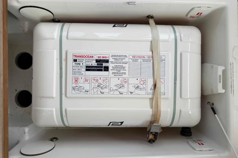 Slide: The Image of Life raft compartment on 2022 Fountaine Pajot MY4.S yacht, featuring Transocean ISO 9650-1 equipment. - 49