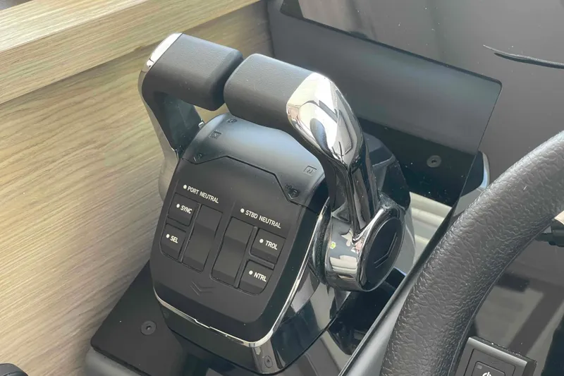 Slide: The Image of Throttle controls of a 2022 Fountaine Pajot MY4.S yacht, featuring sleek design and functionality. - 43