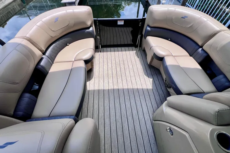 Slide: The Image of Luxurious interior of 2021 Starcraft SLS 3 pontoon boat with plush seating. - 28