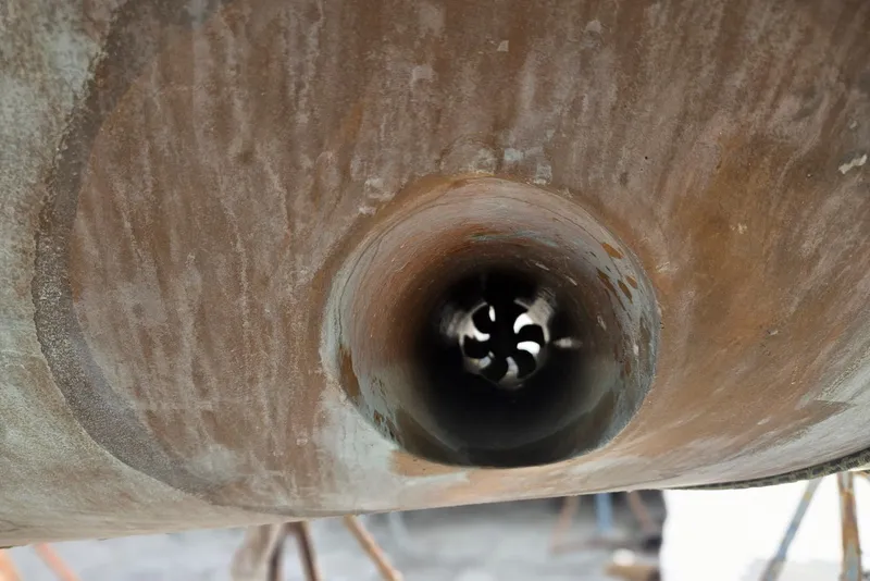 Slide: The Image of Close-up of a 1987 Tayana 52 boat's bow thruster tunnel. - 36