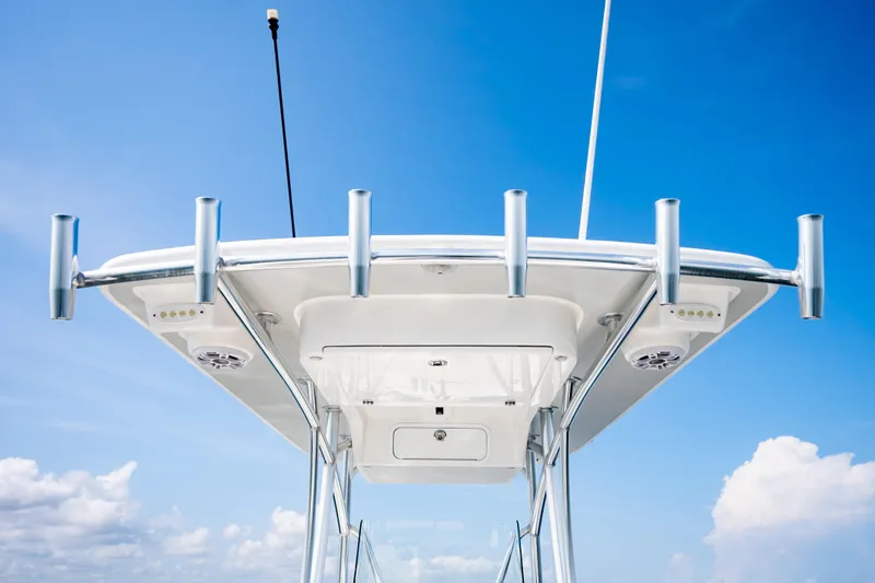 Slide: The Image of 2023 Canyon Bay 28h boat top view against clear blue sky. - 40