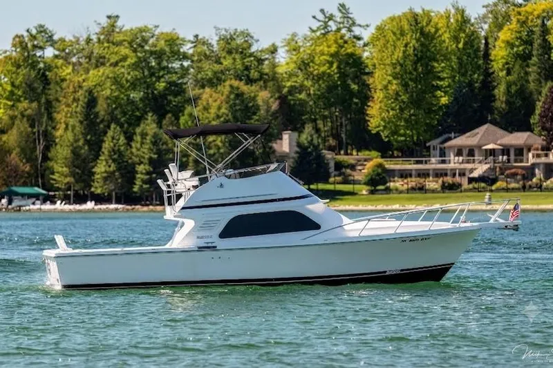 The Image of 1999 Blackfin 33 Flybridge boat on a serene lake with lush green trees. - 0