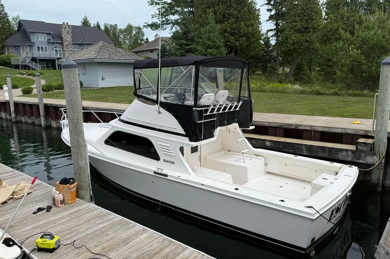 Slide: The Image of 1999 Blackfin 33 Flybridge boat docked by a wooden pier, surrounded by greenery. - 3