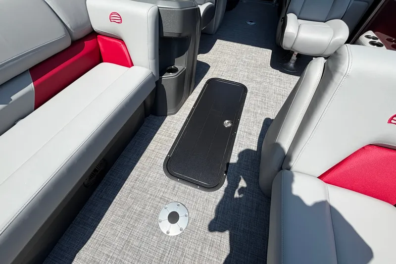 Slide: The Image of Interior of 2026 Sun Tracker Party Barge 22 XP3 with gray and red seating. - 34
