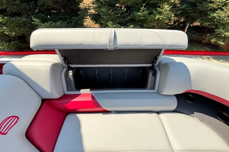 Slide: The Image of Open storage compartment on 2026 Sun Tracker Party Barge 22 XP3 pontoon boat seat. - 15