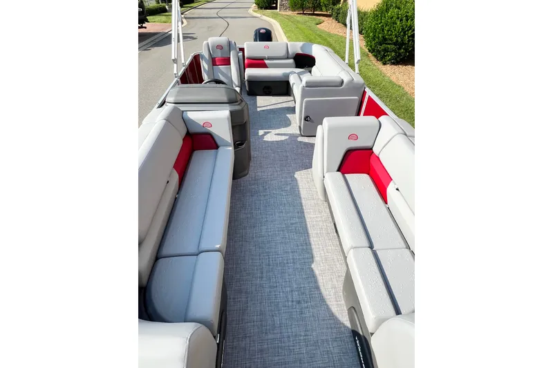 Slide: The Image of 2026 Sun Tracker Party Barge 20 DLX interior with spacious seating and modern design. - 7