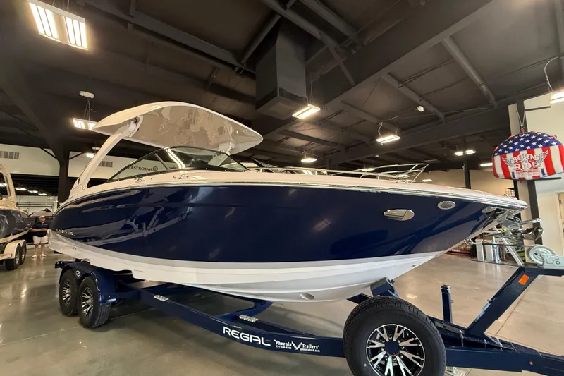 The Image of 2027 Regal LS9 boat in showroom, blue and white design on trailer. - 0