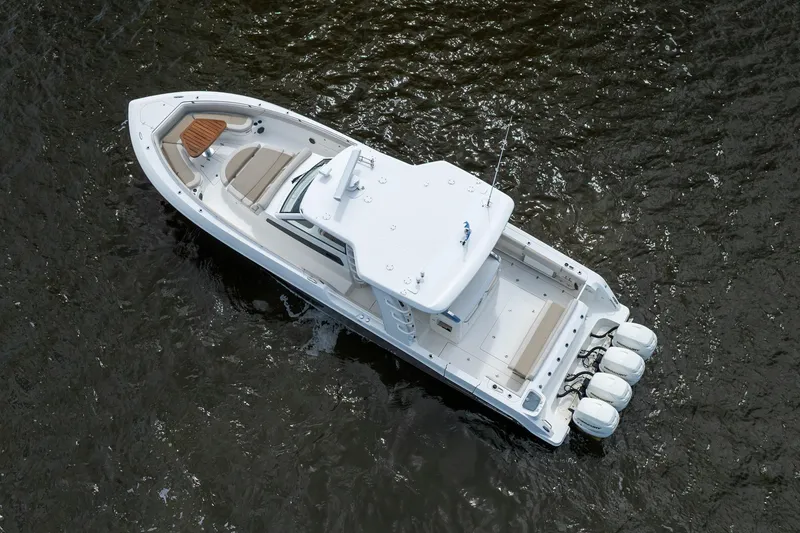 Slide: The Image of Aerial view of 2017 Boston Whaler 420 Outrage boat on water. - 6