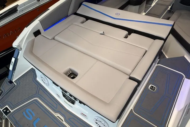 Slide: The Image of 2026 Cobalt R4 Surf boat interior with sleek seating and modern design. - 8