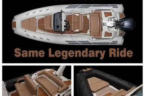 Slide: The Image of 2027 Brig Eagle 6.7 boat with luxurious seating, top view, "Same Legendary Ride" text. - 1