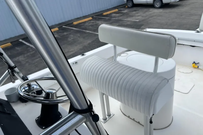 Slide: The Image of Boat interior with steering wheel and cushioned seat, Duskey 256 model, 2007. - 15