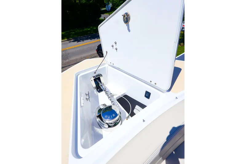 Slide: The Image of Open anchor compartment on 2022 MJM 3z boat, featuring Muir windlass system. - 32