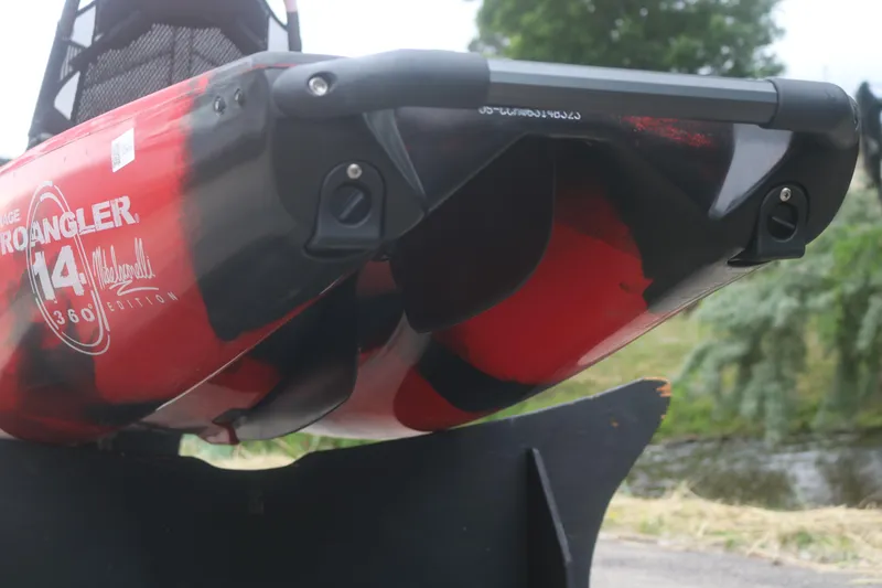 Slide: The Image of 2023 Hobie Mirage Pro Angler 14 kayak, close-up of hull design and branding. - 13