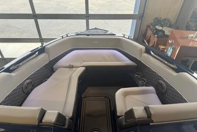 Slide: The Image of 2026 Cobalt R6 Surf boat interior with luxurious seating and modern design. - 8