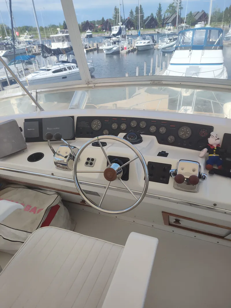 Slide: The Image of The image shows the helm of a 1989 Chris-Craft Catalina boat in a marina. - 6