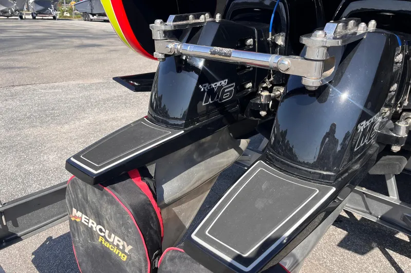 Slide: The Image of 2007 Outerlimits 39 GTX boat with Mercury Racing M6 engines, close-up view. - 8