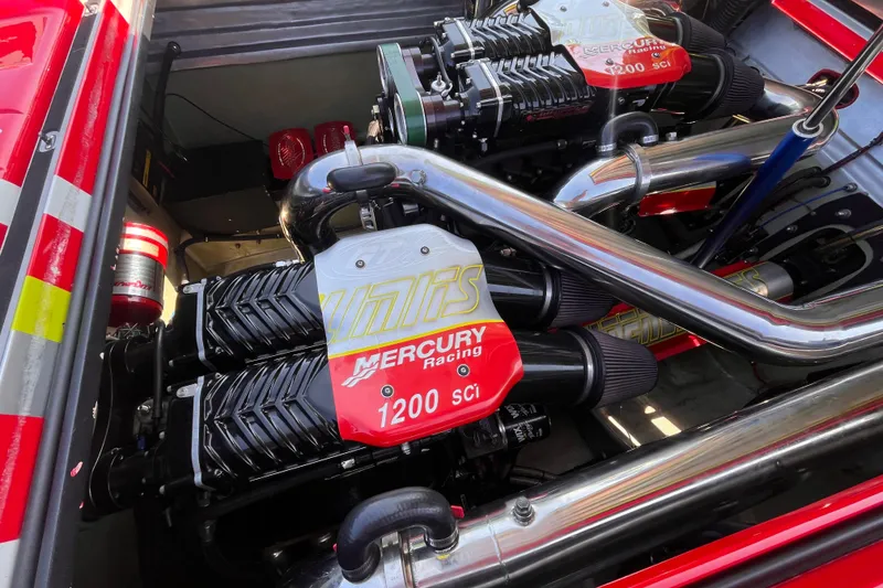 Slide: The Image of 2007 Outerlimits 39 GTX engine bay featuring Mercury Racing 1200 SCi engines. - 22