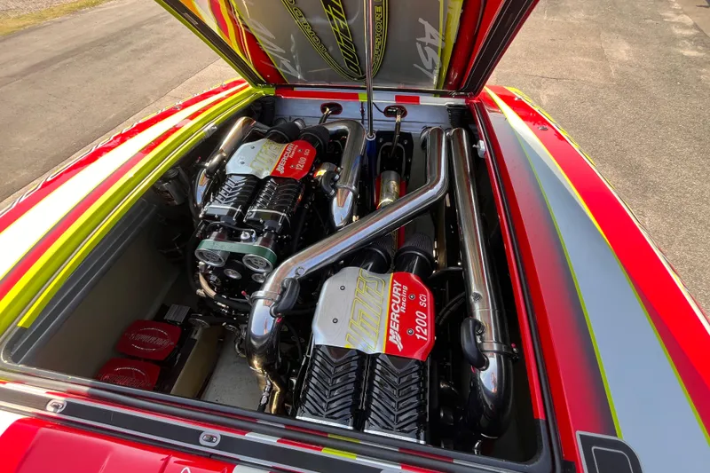 Slide: The Image of Engine compartment of a 2007 Outerlimits 39 GTX with Mercury Racing 1200 SCi engines. - 21