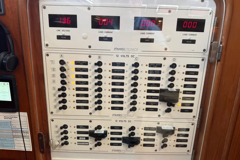 Slide: The Image of Electrical control panel on a 1989 Mason 54 yacht, displaying voltage and current readings. - 28