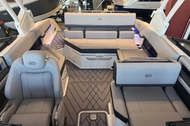 Slide: The Image of Luxurious interior of a 2026 Cobalt R4 boat with elegant seating and modern design. - 8