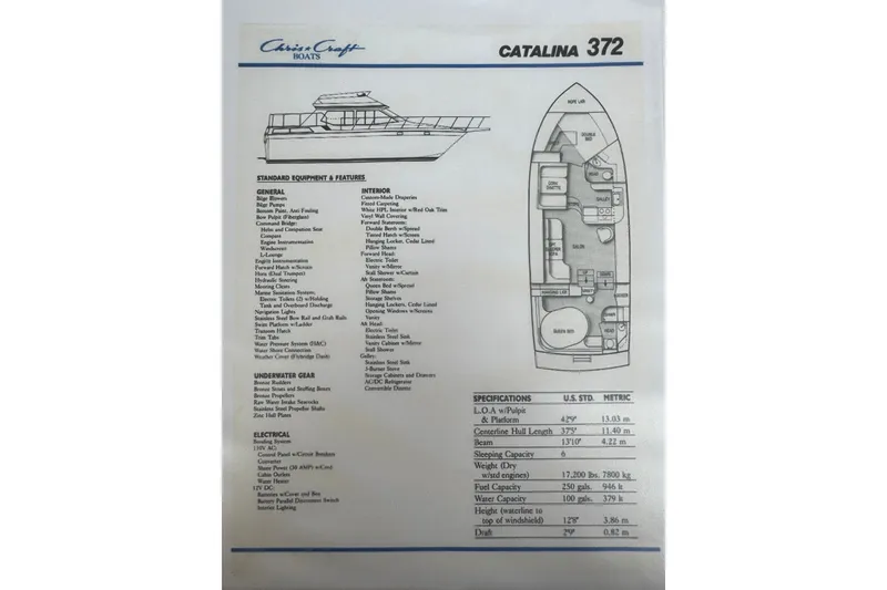 Slide: The Image of 1989 Chris-Craft 372 Catalina specifications and layout diagram with standard equipment details. - 38