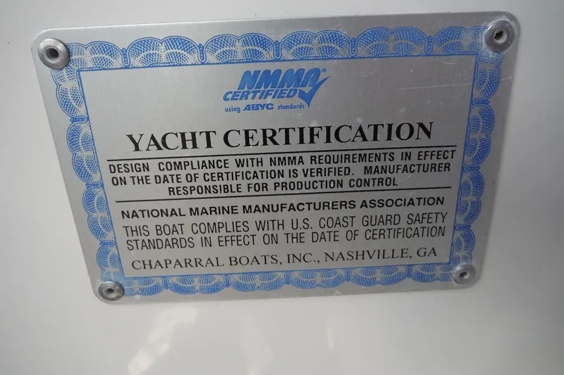 Slide: The Image of Yacht certification plaque for 2005 Chaparral Signature 350, NMMA certified, safety compliance. - 39