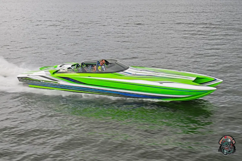 Slide: The Image of High-speed green Skater 388 powerboat cruising on water, model year 2025. - 24