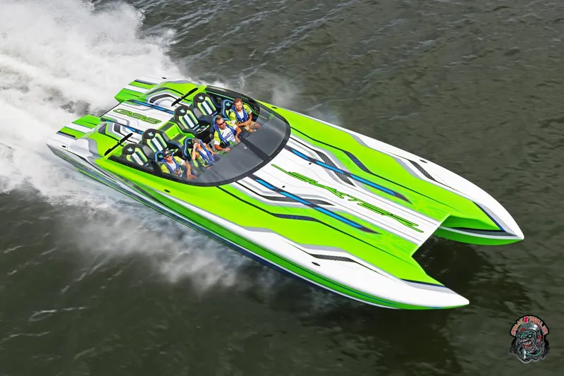 Slide: The Image of High-speed Skater 388 powerboat in vibrant green, 2025 model, cruising on water. - 30