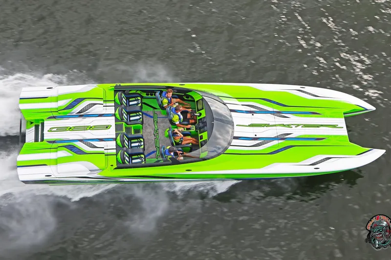 Slide: The Image of Aerial view of 2025 Skater 388 speedboat with vibrant green and white design. - 33