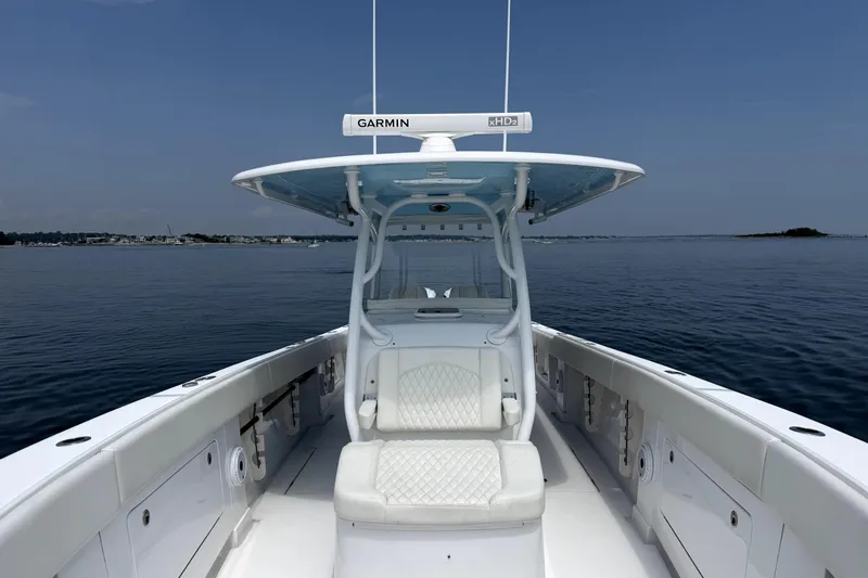 Slide: The Image of 2021 Jupiter 38 HFS boat with Garmin equipment on calm water. - 9