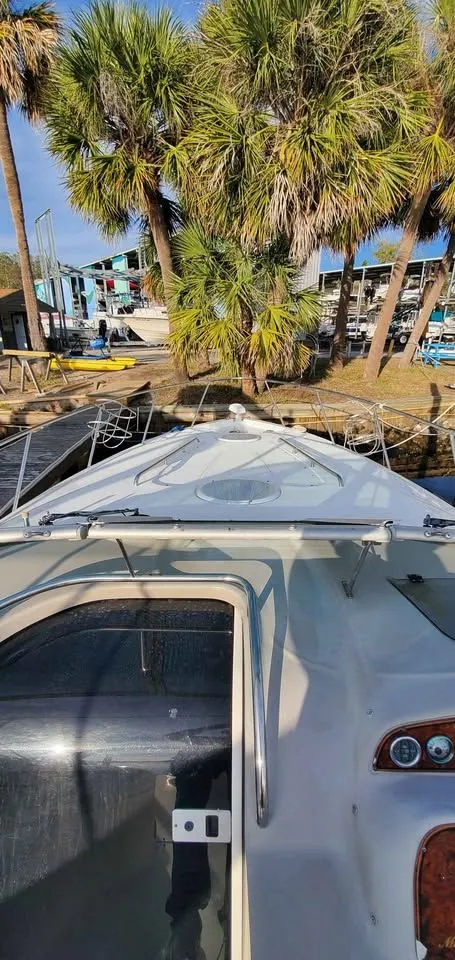Slide: The Image of The boat is docked, surrounded by palm trees and buildings in the background. - 10