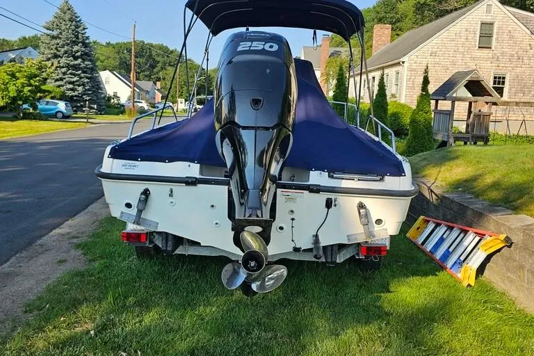 Slide: The Image of 2011 Boston Whaler 230 Dauntless boat with 250 HP engine, parked on grass. - 6