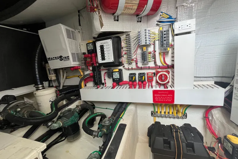 Slide: The Image of Electrical system of 2018 Sabre 42 Fly Bridge Sedan with wiring and components. - 40