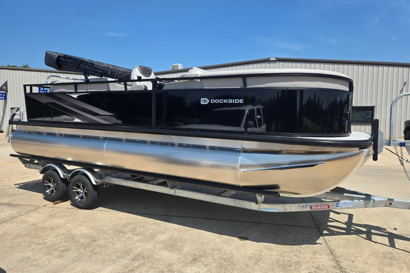 Slide: The Image of 2026 Dockside 22DQ275 pontoon boat on trailer, parked outdoors. - 3