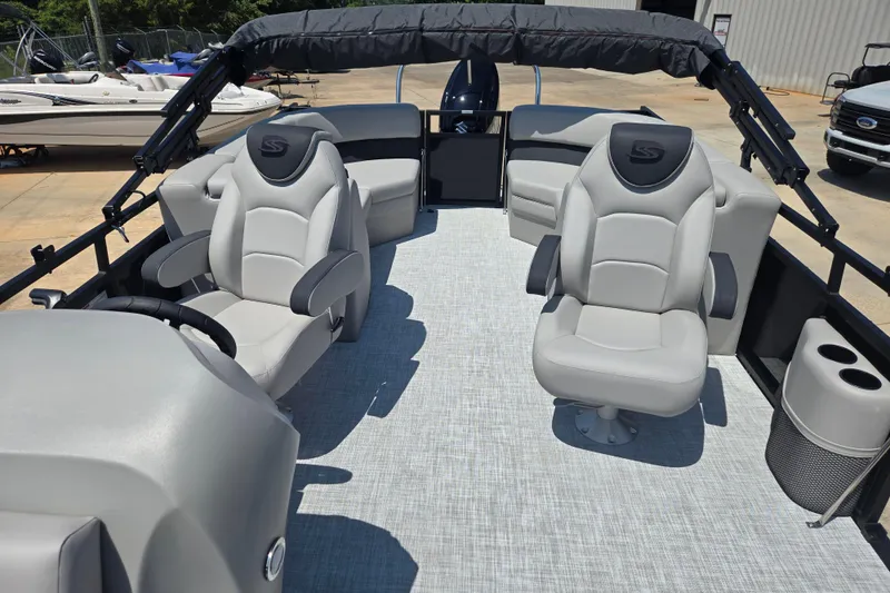 Slide: The Image of 2026 Dockside 22DQ275 pontoon boat interior with plush seating and modern design. - 12