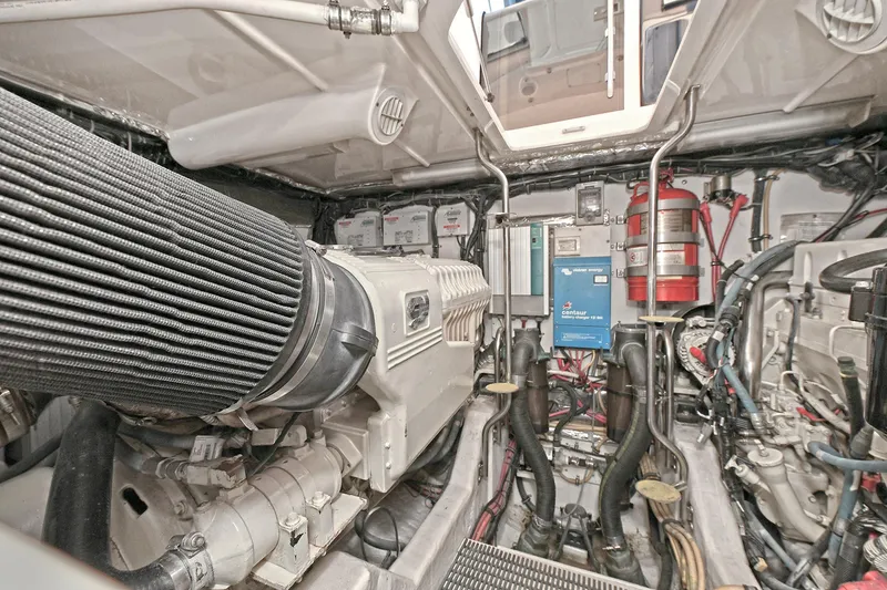 Slide: The Image of Engine room of 2008 Tiara Yachts 4200 Open, showcasing mechanical components and systems. - 45