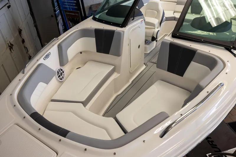 Slide: The Image of 2026 Chaparral 23 SSi OB boat interior with sleek seating and modern design. - 4