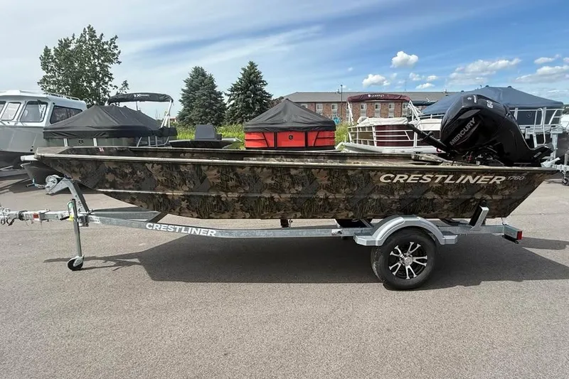 Slide: The Image of 2027 Crestliner 1760 Retriever Jon boat on trailer, camo design, parked outdoors. - 2