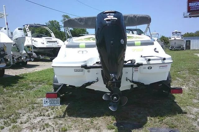 Slide: The Image of 2022 Tahoe T16 boat with outboard motor, parked on grass near other boats. - 4