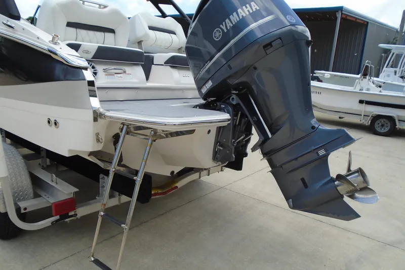 Slide: The Image of 2024 Regal LX4 boat with Yamaha outboard motor and swim platform ladder. - 17