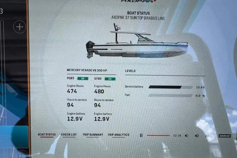 Slide: The Image of Display screen showing 2023 Axopar Brabus 37 Sun-Top boat status and engine details. - 69
