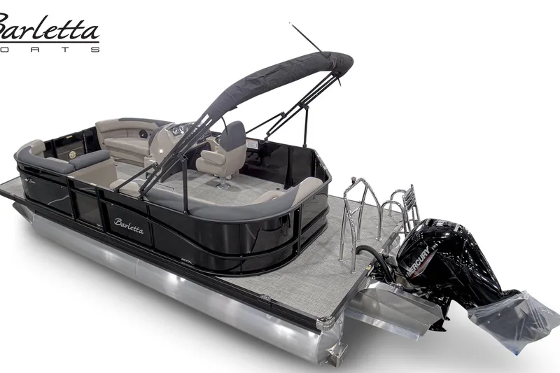 Slide: The Image of 2027 Barletta S20L pontoon boat with Mercury engine and sleek black design. - 2