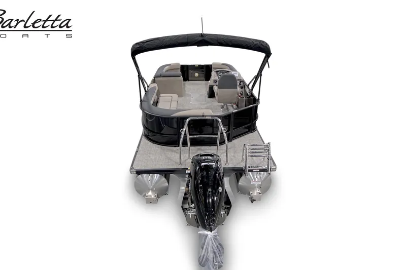 Slide: The Image of 2027 Barletta S20L pontoon boat, rear view with seating and motor, on white background. - 3