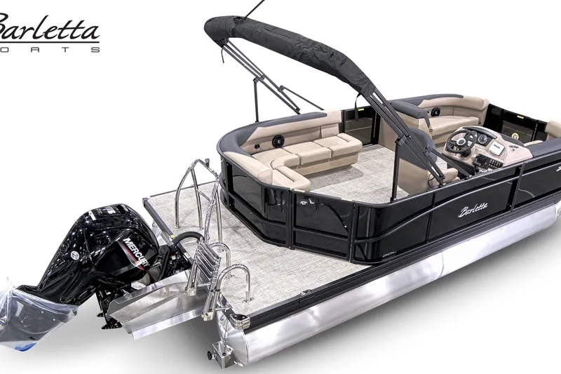 Slide: The Image of 2027 Barletta S20L pontoon boat with Mercury engine, featuring spacious seating and modern design. - 6