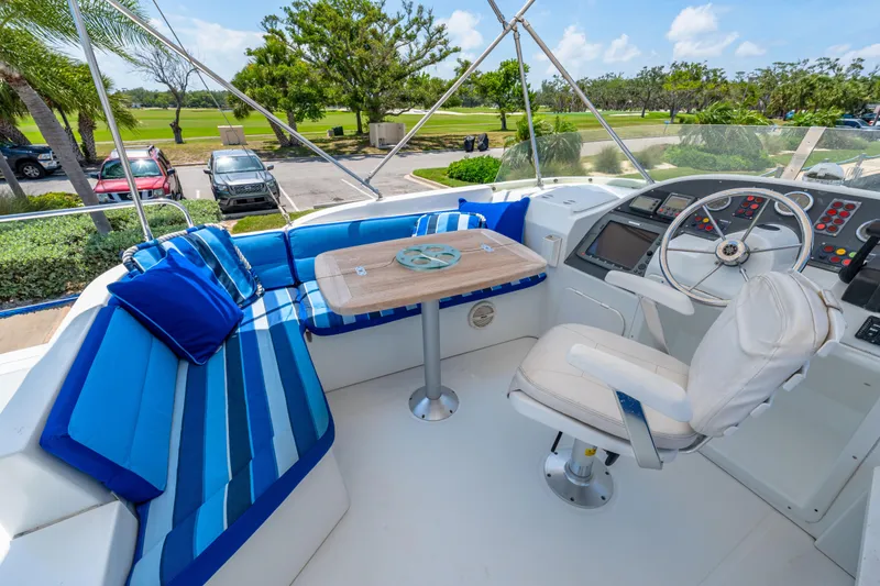 Slide: The Image of Flybridge of 2006 Beneteau Swift Trawler 42 with blue seating and helm station. - 58