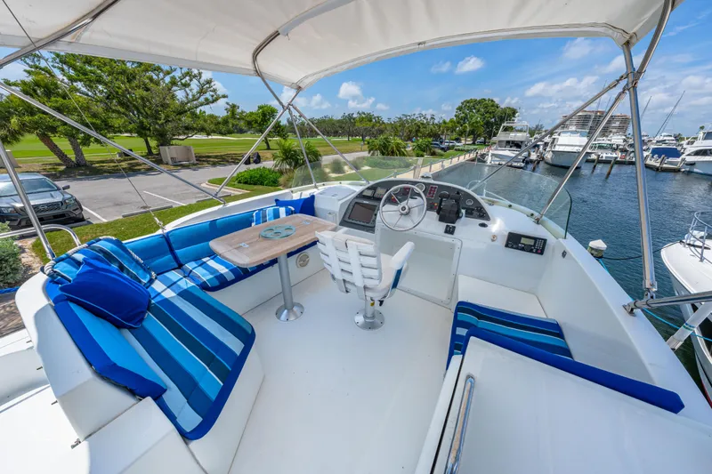 Slide: The Image of Flybridge of 2006 Beneteau Swift Trawler 42 with blue seating and helm station. - 54